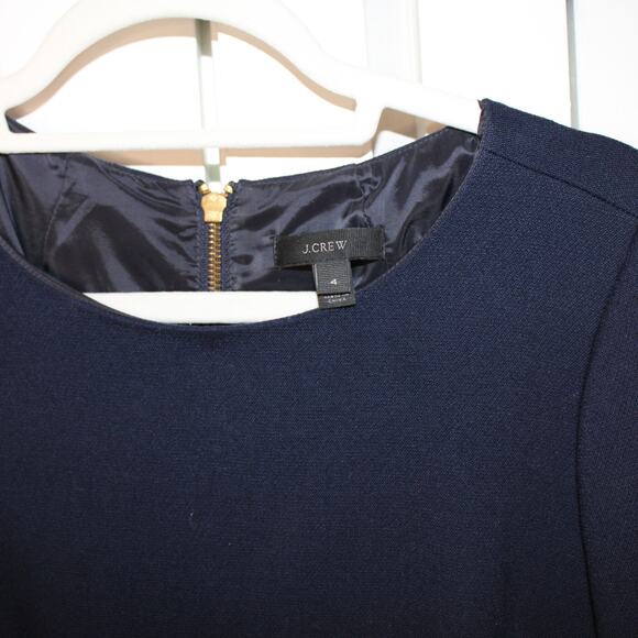 J.CREW Faux Leather Trim Navy Blue Black Zip Pocket Straight Dress | 4 - Picture 5 of 14